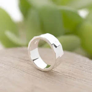 Flat-Shaped, Hammered-Finish Solid 925 Silver Band - 7mm Wide
