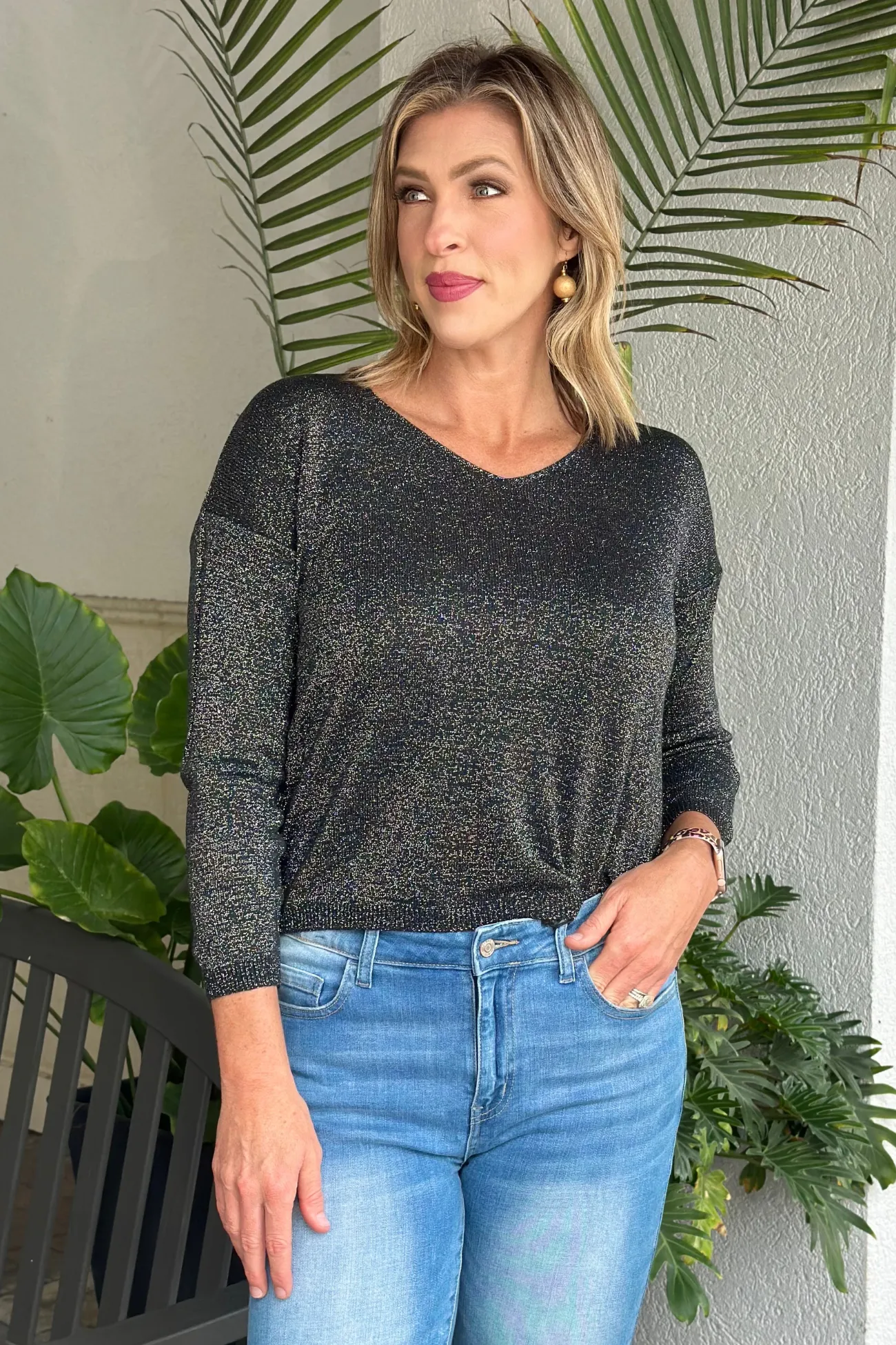 Flora Ashley Glitter Metallic V-Neck Top