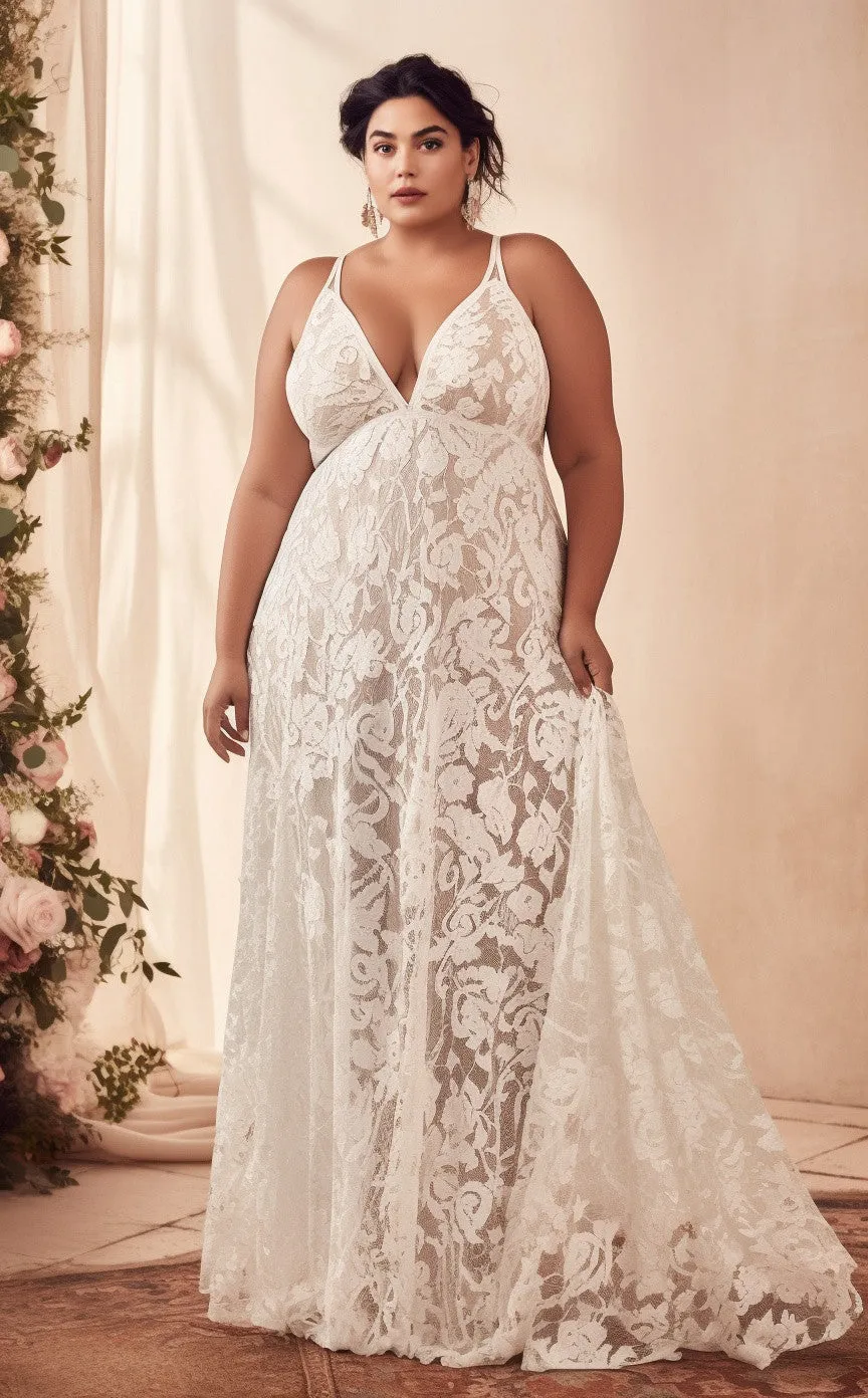 Floral Beach Plus Size Casual A-Line Boho Lace Maxi Wedding Dress with Plunging Neckline and Empire Waist
