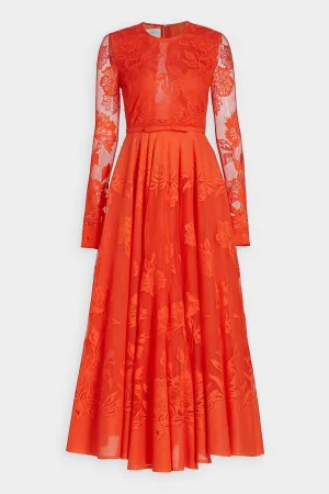 Floral Lace Fit & Flare Midi-Dress in Dark Orange