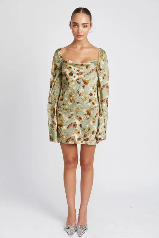 FLORAL LONG SLEEVE MINI DRESS WITH OPEN BACK