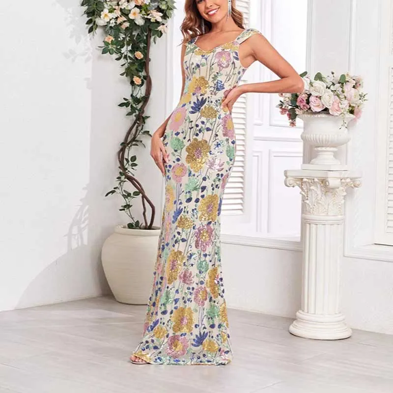 Floral Sequin Wedding Guest Dress Long Evening Dress Sleeveless V Neck Prom Dress
