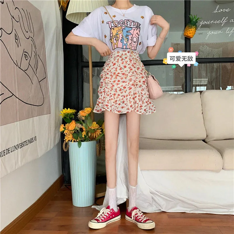 Flowers Pattern Folds Sexy Mini Skirts