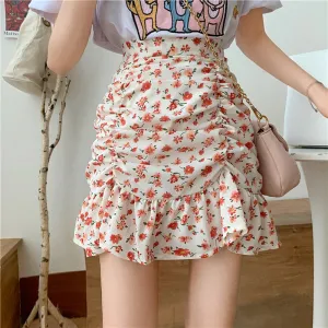 Flowers Pattern Folds Sexy Mini Skirts