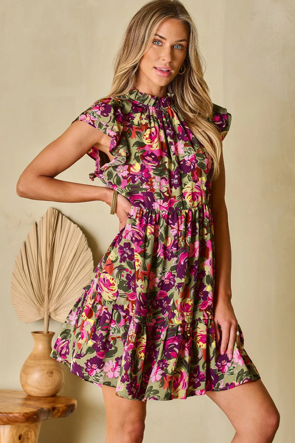 Flutter Sleeve Frilled Neck Mini Dresses