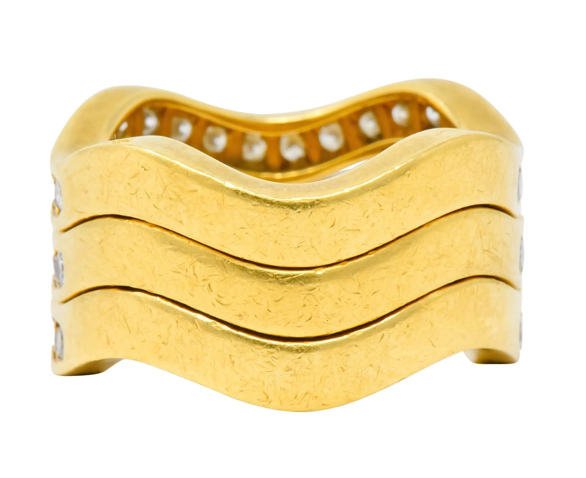 French Cartier 1.56 CTW Diamond 18 Karat Gold Wave Triple Band Stack Rings