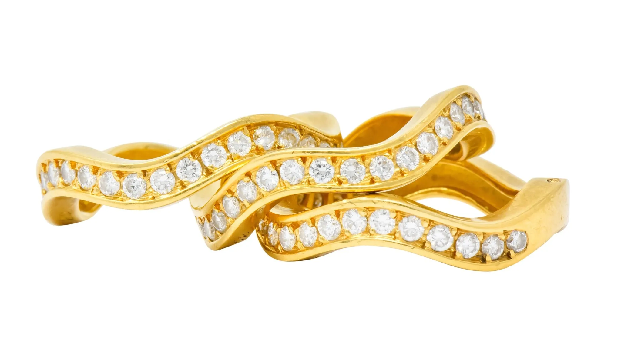 French Cartier 1.56 CTW Diamond 18 Karat Gold Wave Triple Band Stack Rings
