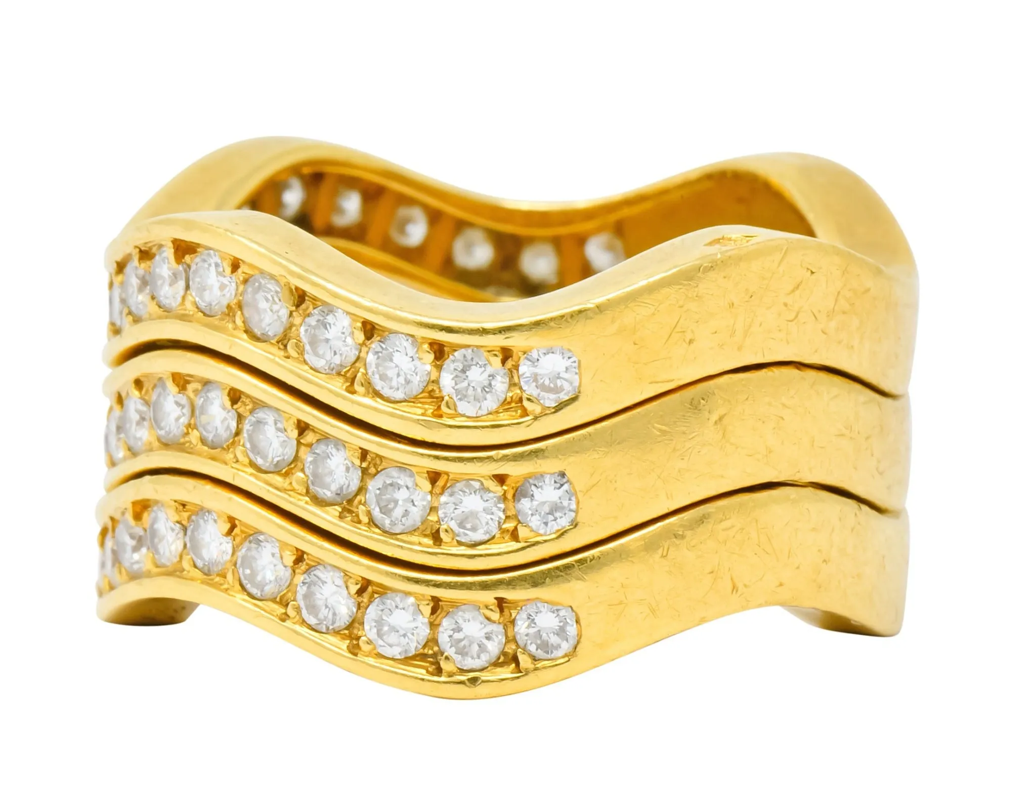 French Cartier 1.56 CTW Diamond 18 Karat Gold Wave Triple Band Stack Rings