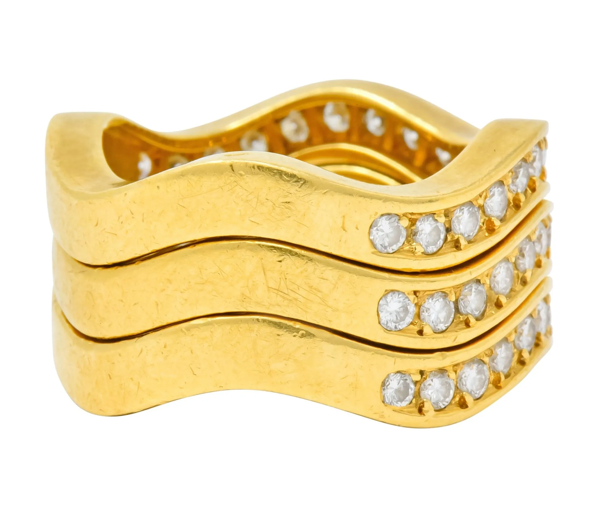 French Cartier 1.56 CTW Diamond 18 Karat Gold Wave Triple Band Stack Rings