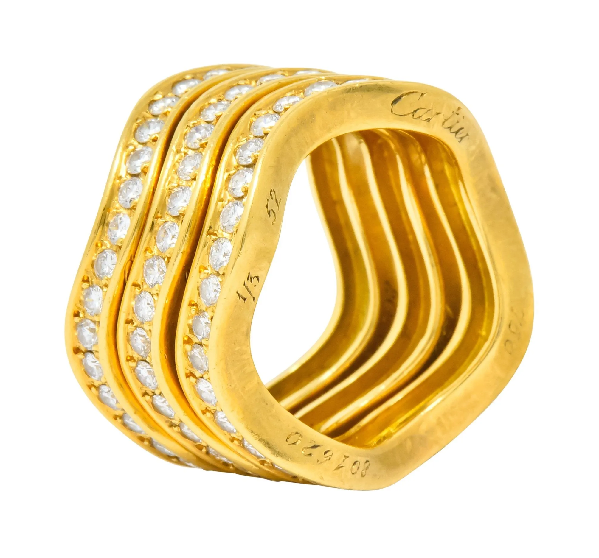 French Cartier 1.56 CTW Diamond 18 Karat Gold Wave Triple Band Stack Rings