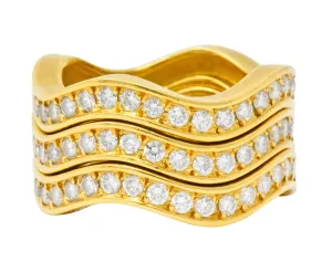 French Cartier 1.56 CTW Diamond 18 Karat Gold Wave Triple Band Stack Rings