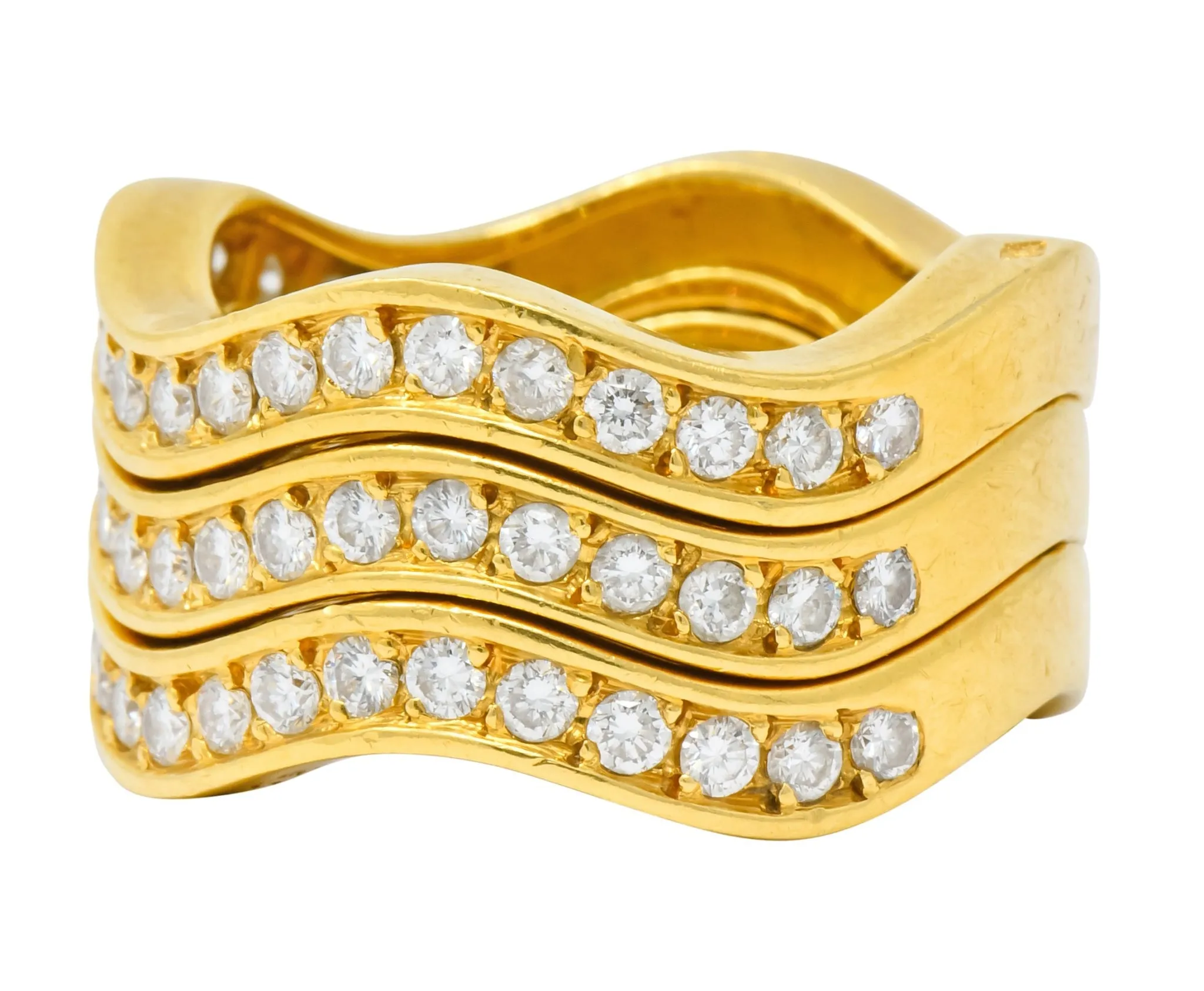 French Cartier 1.56 CTW Diamond 18 Karat Gold Wave Triple Band Stack Rings