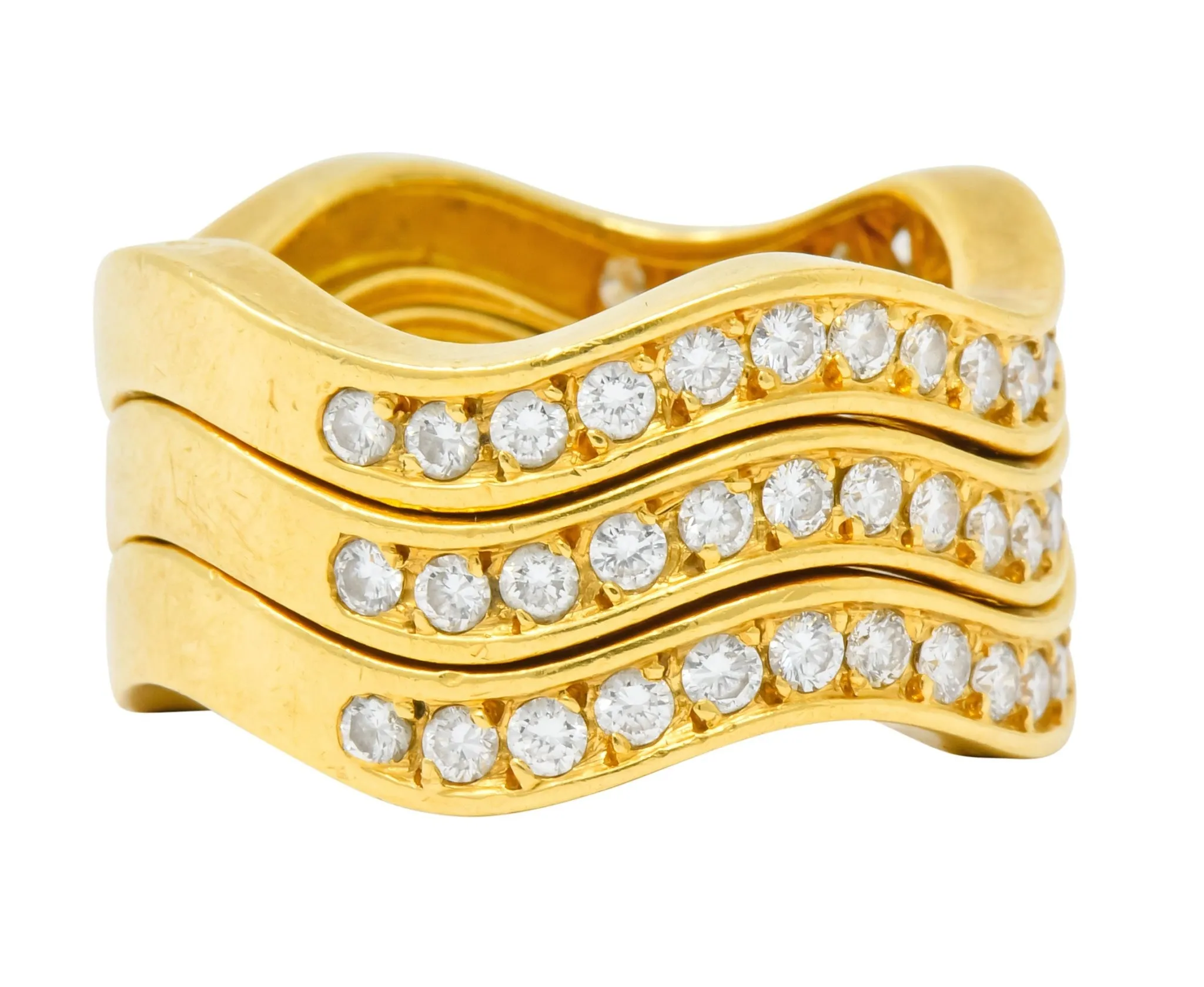 French Cartier 1.56 CTW Diamond 18 Karat Gold Wave Triple Band Stack Rings