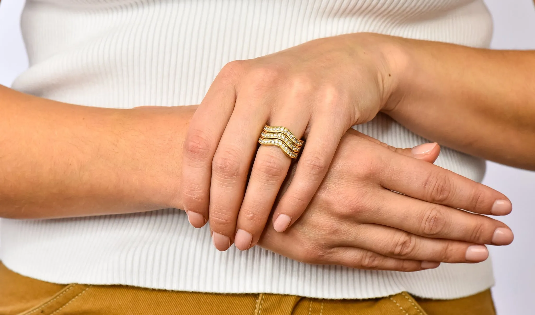 French Cartier 1.56 CTW Diamond 18 Karat Gold Wave Triple Band Stack Rings