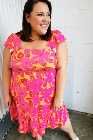 Fuchsia & Orange Tropical Floral Square Neck Dress