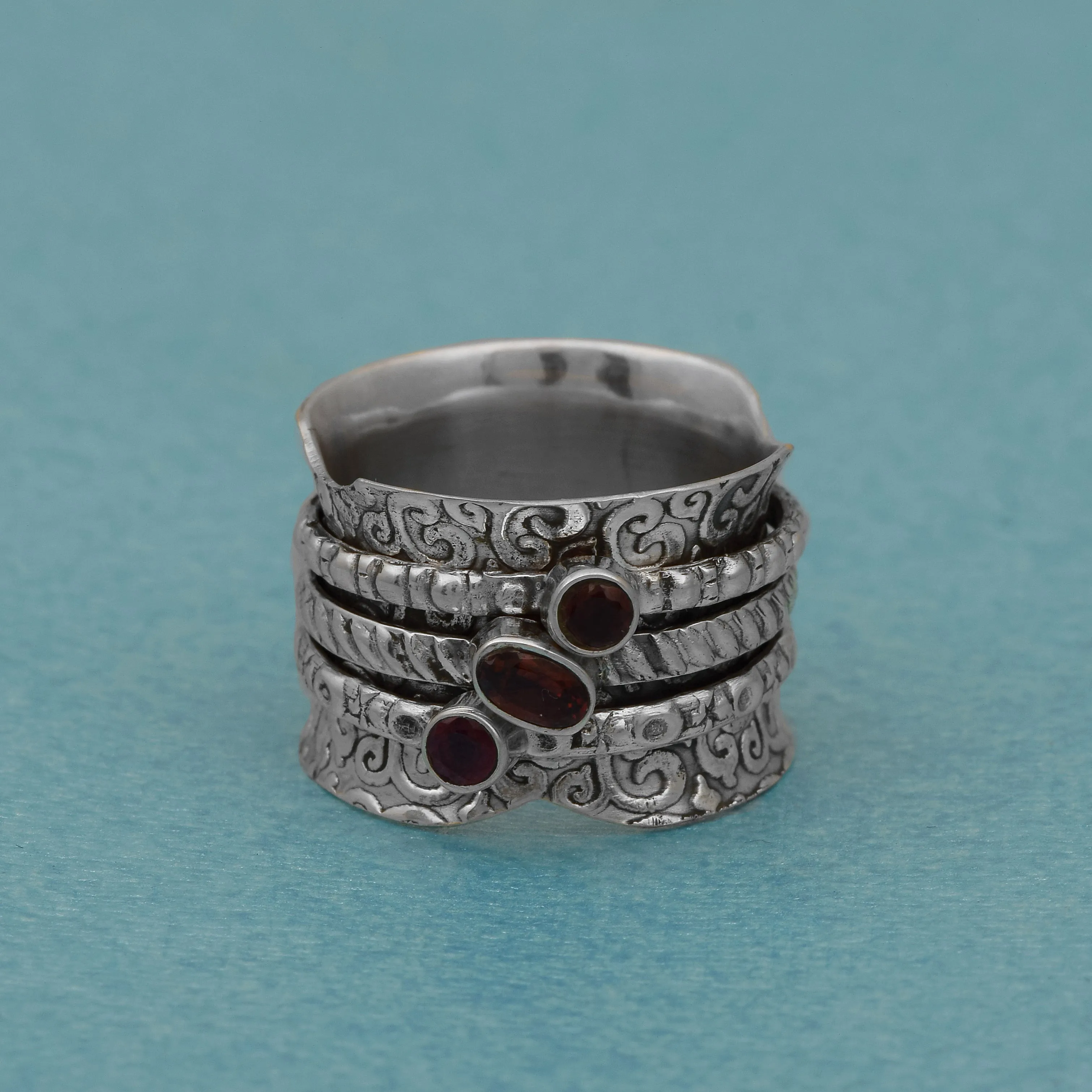 Garnet Multi Banded Engraved Spinner Ring