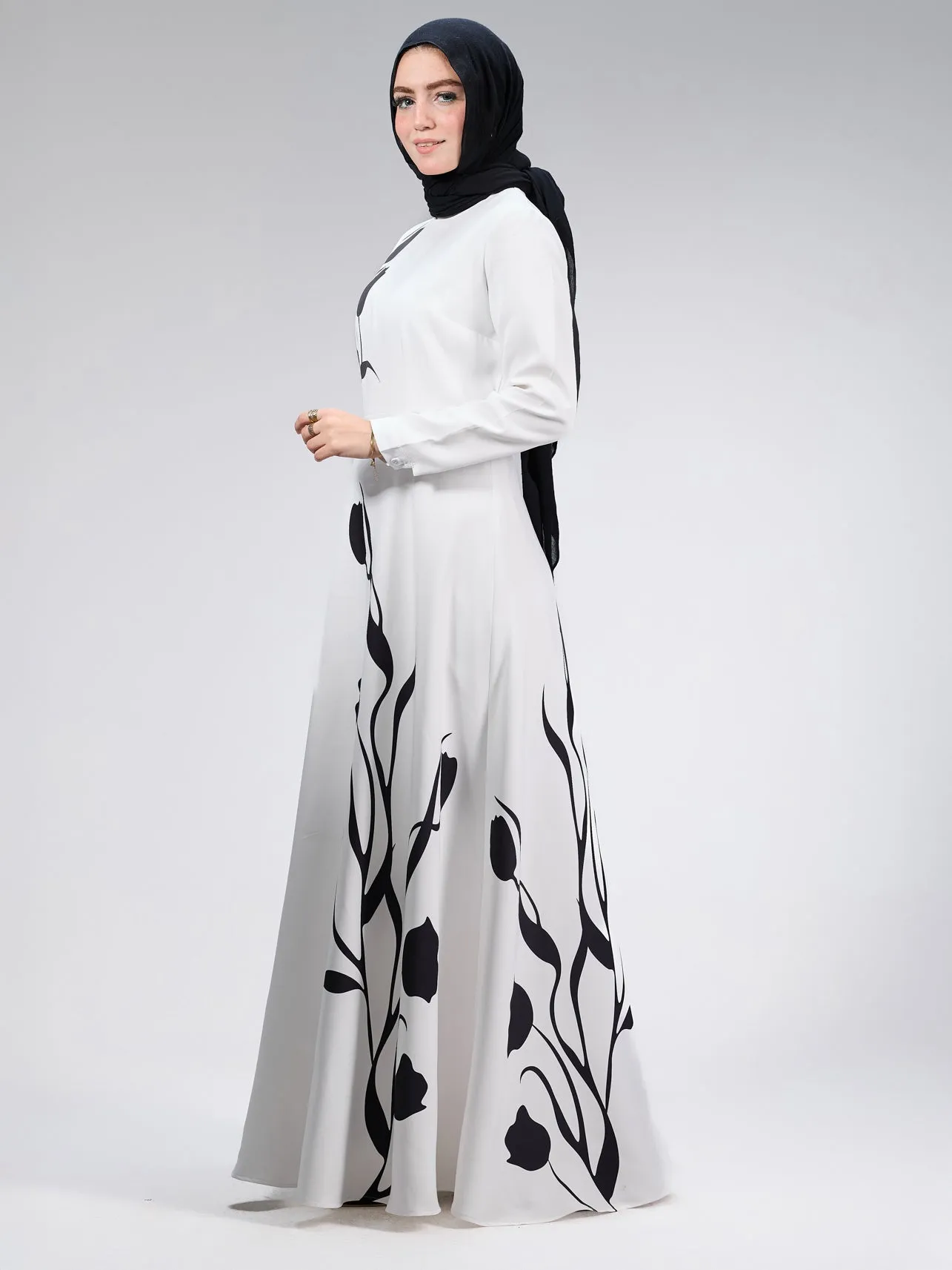 Ghalia Graceful Tulip Crepe Maxi Dress with Black Floral Design