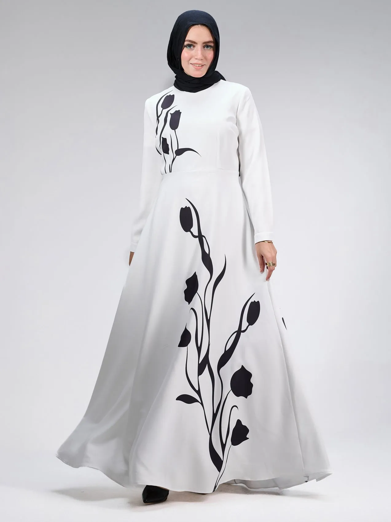 Ghalia Graceful Tulip Crepe Maxi Dress with Black Floral Design