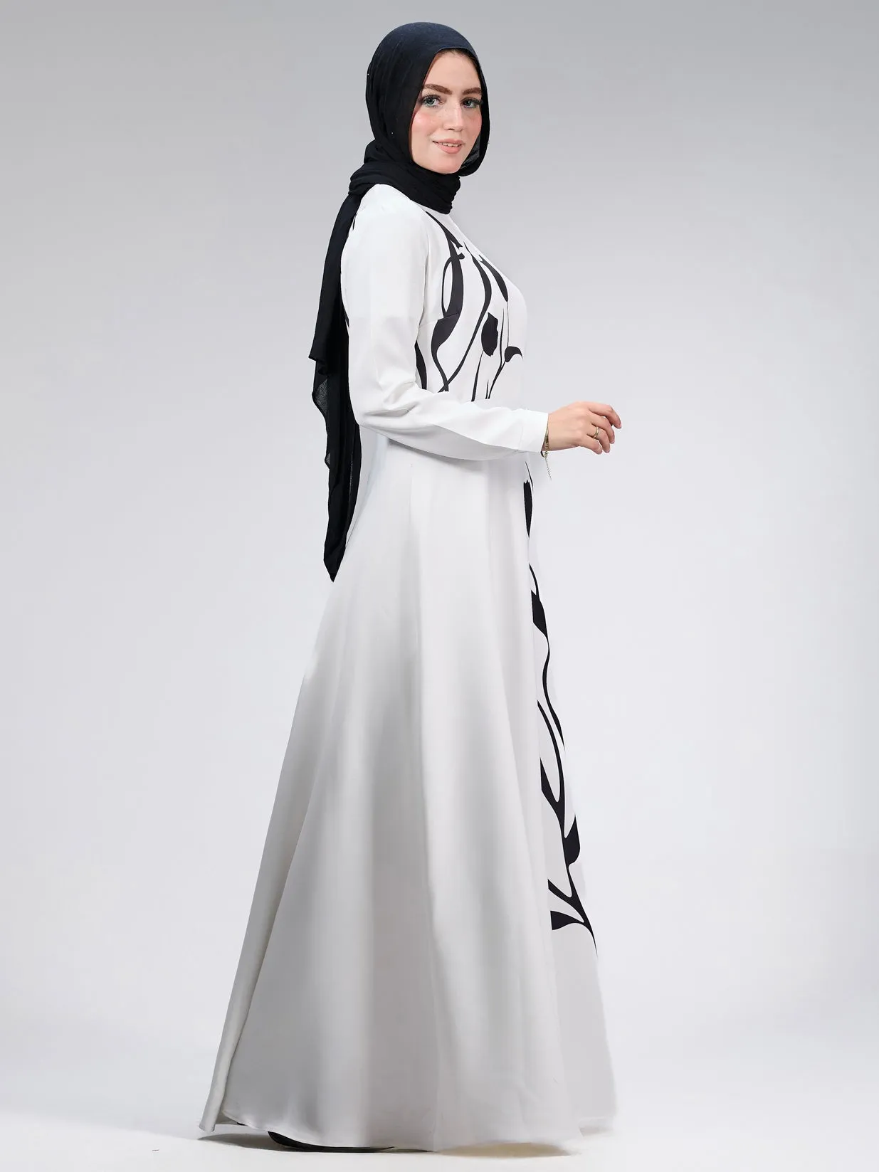 Ghalia Graceful Tulip Crepe Maxi Dress with Black Floral Design