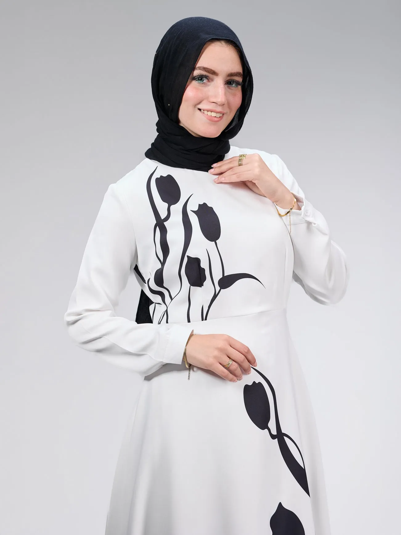Ghalia Graceful Tulip Crepe Maxi Dress with Black Floral Design