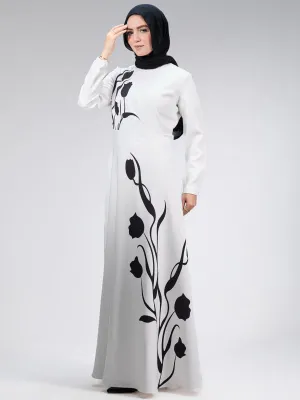 Ghalia Graceful Tulip Crepe Maxi Dress with Black Floral Design