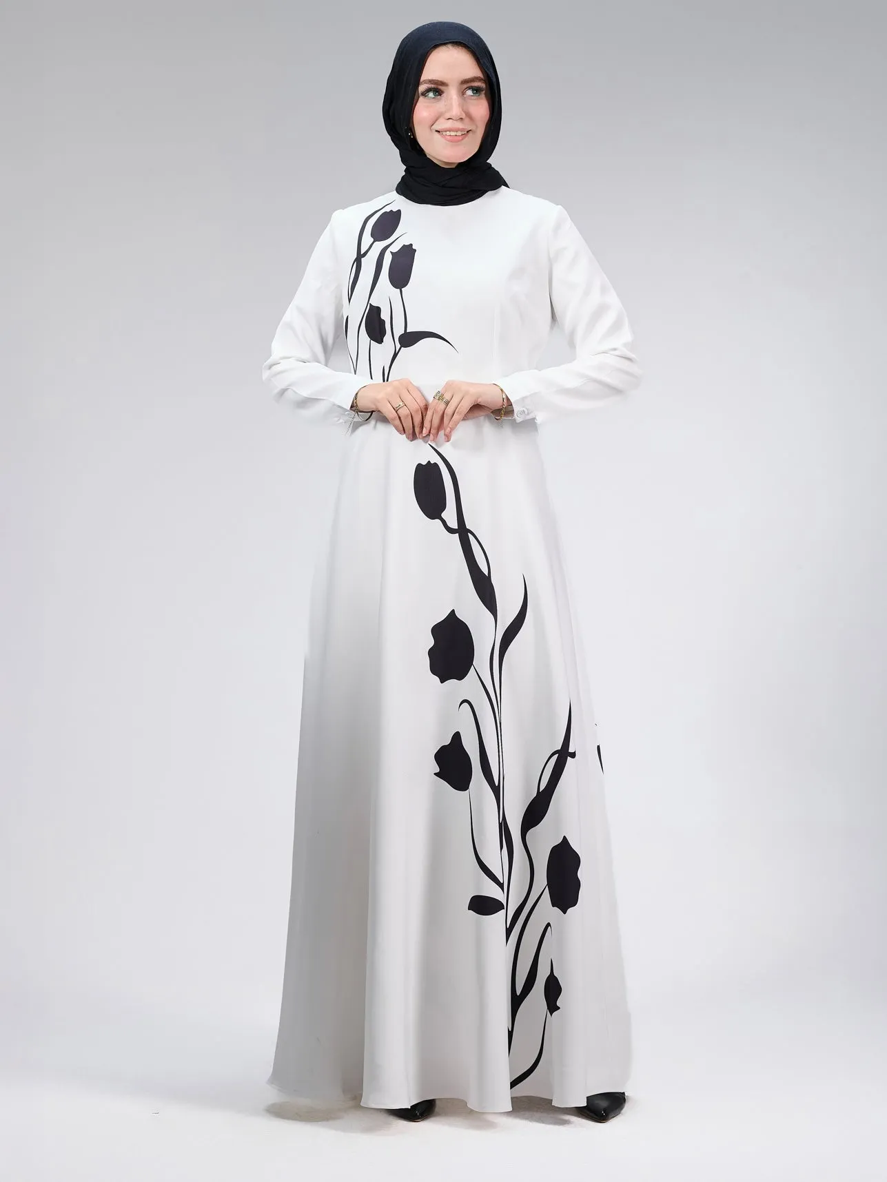 Ghalia Graceful Tulip Crepe Maxi Dress with Black Floral Design