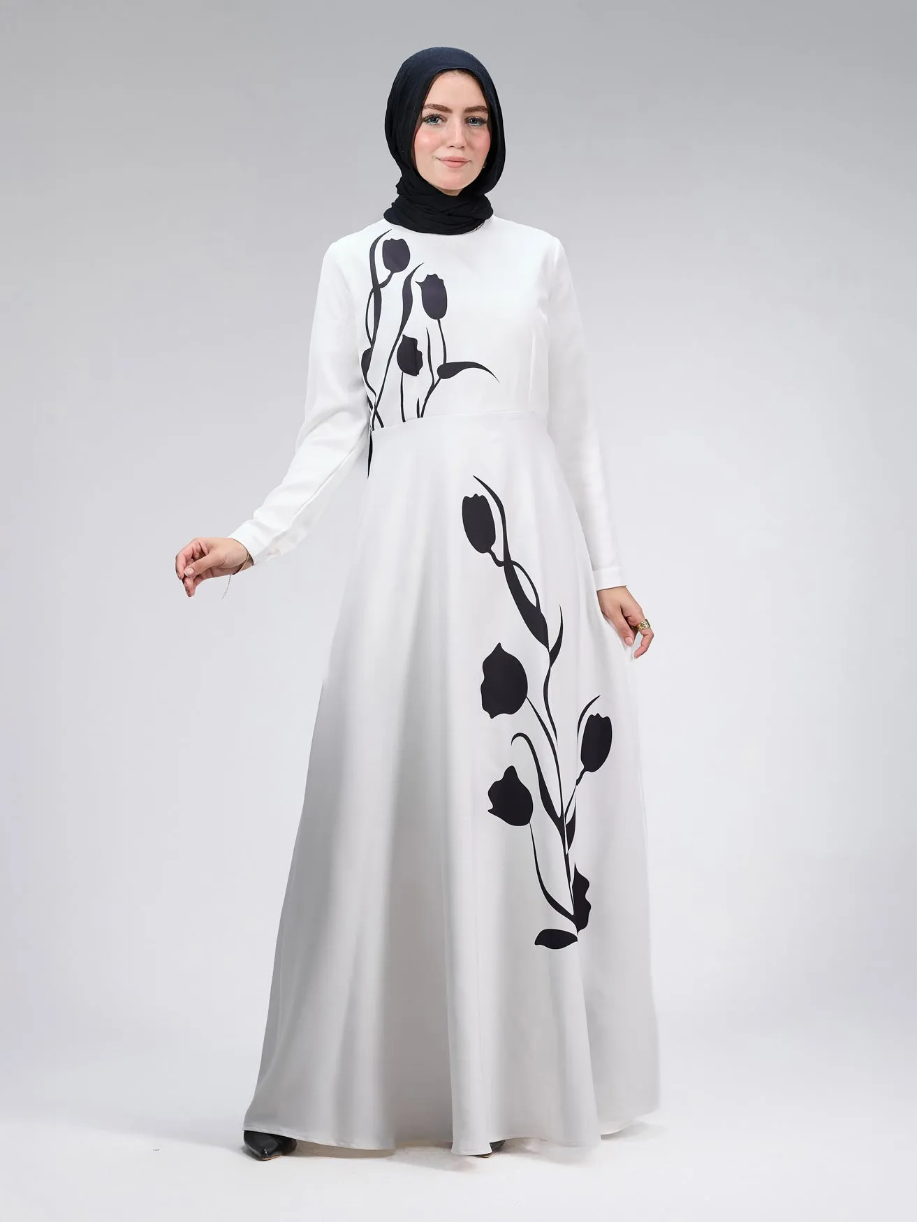 Ghalia Graceful Tulip Crepe Maxi Dress with Black Floral Design