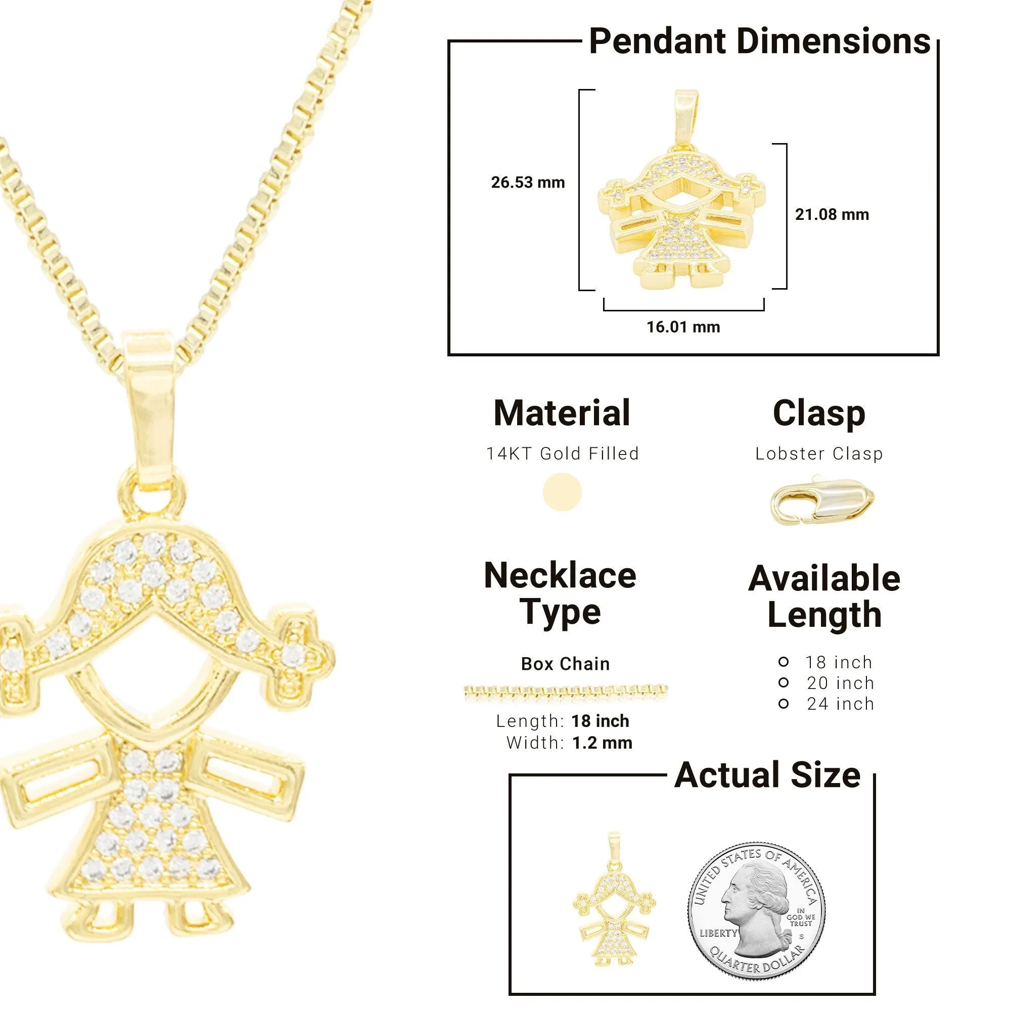 Girl Cubic Zirconia Pendant With Necklace Set 14K Gold Filled