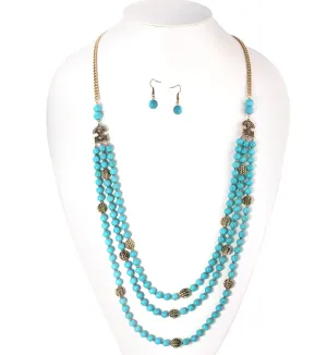 GOLD TONE METAL TURQUOISE BEADS EARRINGS AND NECKLACE #SQ321-173728GTRQ (AE21)