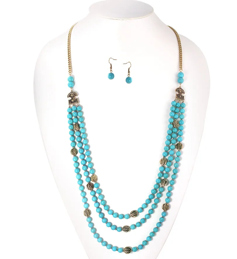 GOLD TONE METAL TURQUOISE BEADS EARRINGS AND NECKLACE #SQ321-173728GTRQ (AE21)