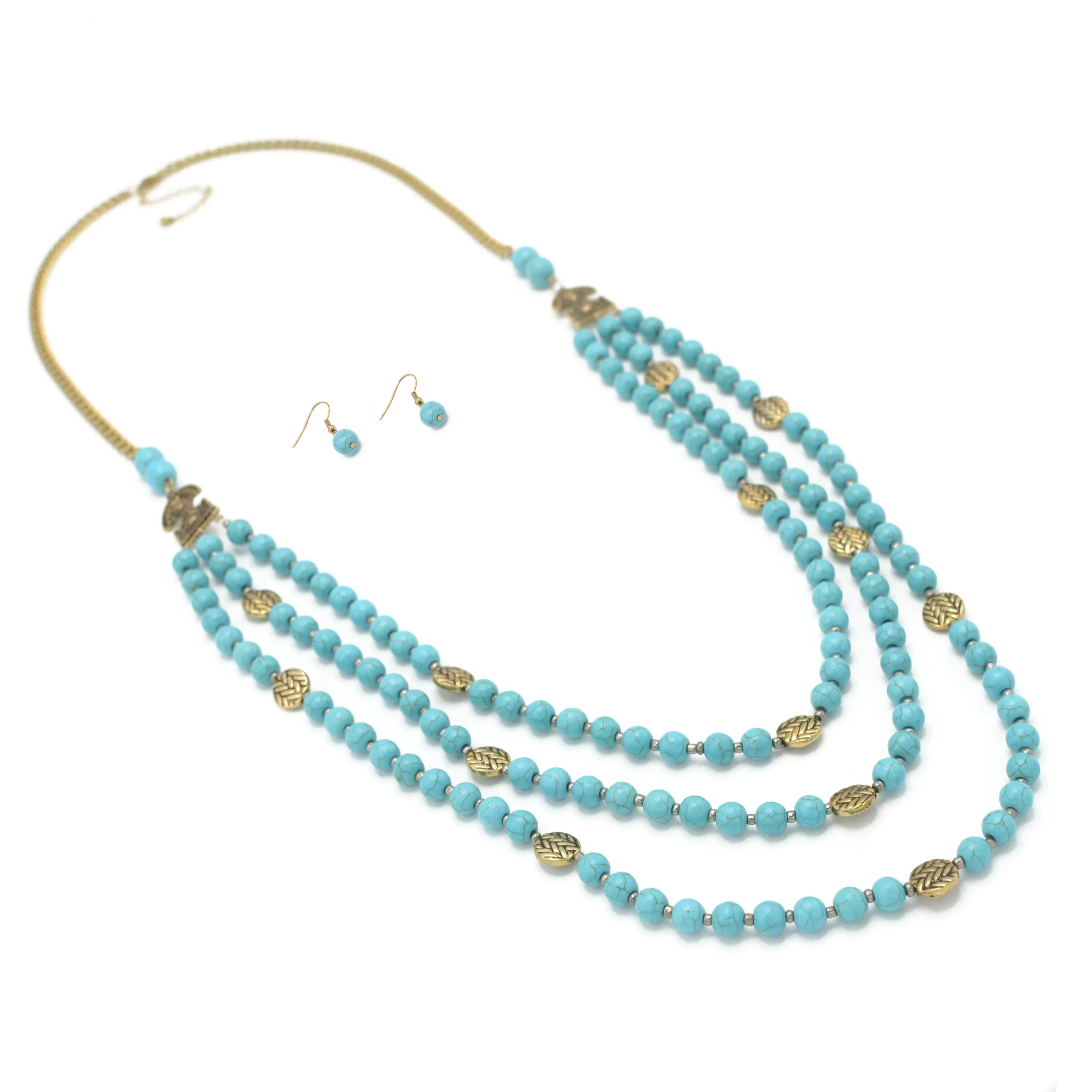 GOLD TONE METAL TURQUOISE BEADS EARRINGS AND NECKLACE #SQ321-173728GTRQ (AE21)