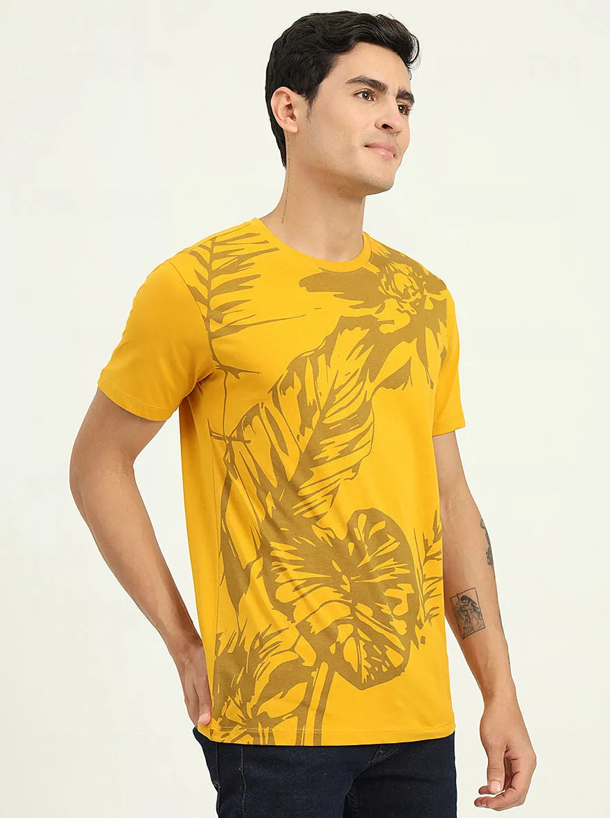 Golden Yellow Printed Slim Fit T-Shirt | Greenfibre