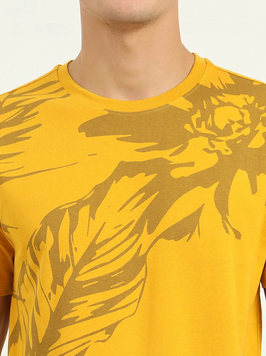 Golden Yellow Printed Slim Fit T-Shirt | Greenfibre