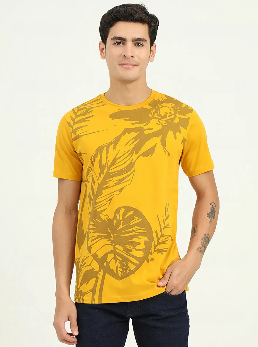 Golden Yellow Printed Slim Fit T-Shirt | Greenfibre