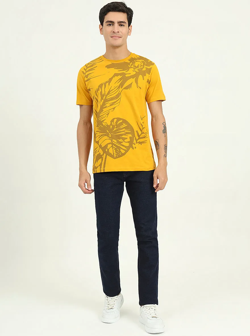 Golden Yellow Printed Slim Fit T-Shirt | Greenfibre