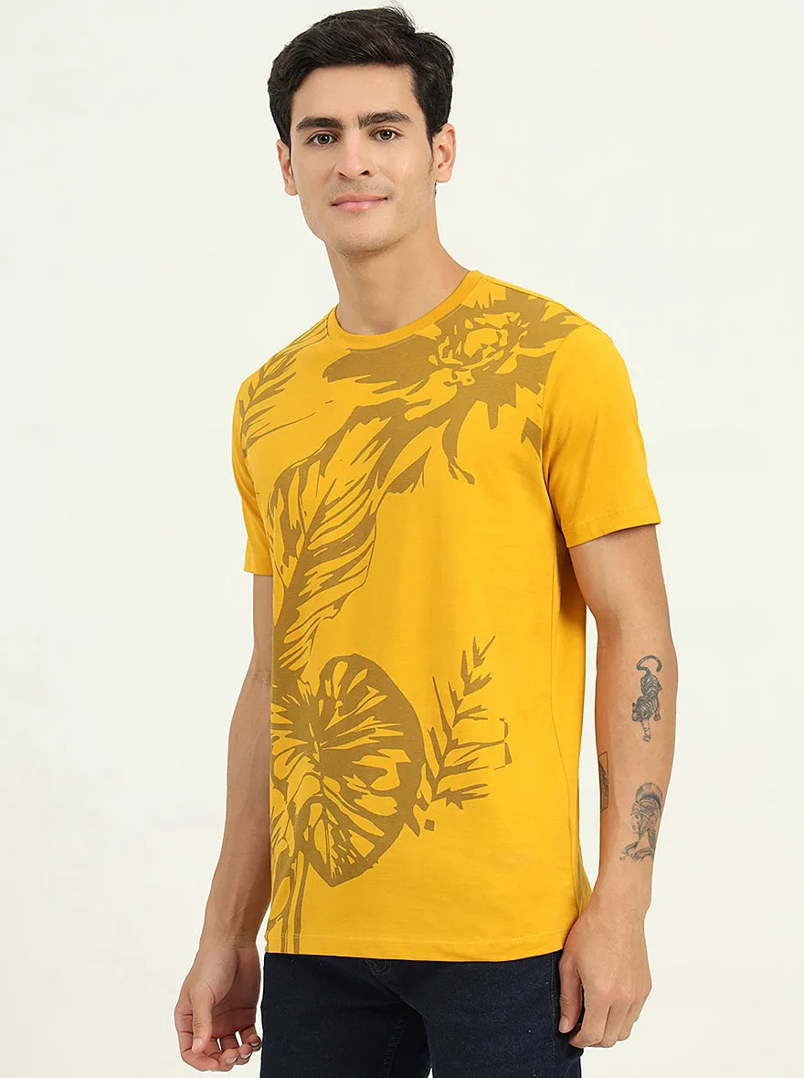 Golden Yellow Printed Slim Fit T-Shirt | Greenfibre