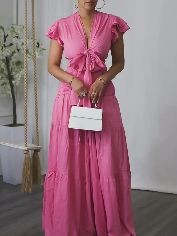 Gorgeousladie Solid Tied Top & Wide-Leg Pants Set