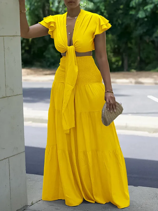 Gorgeousladie Solid Tied Top & Wide-Leg Pants Set