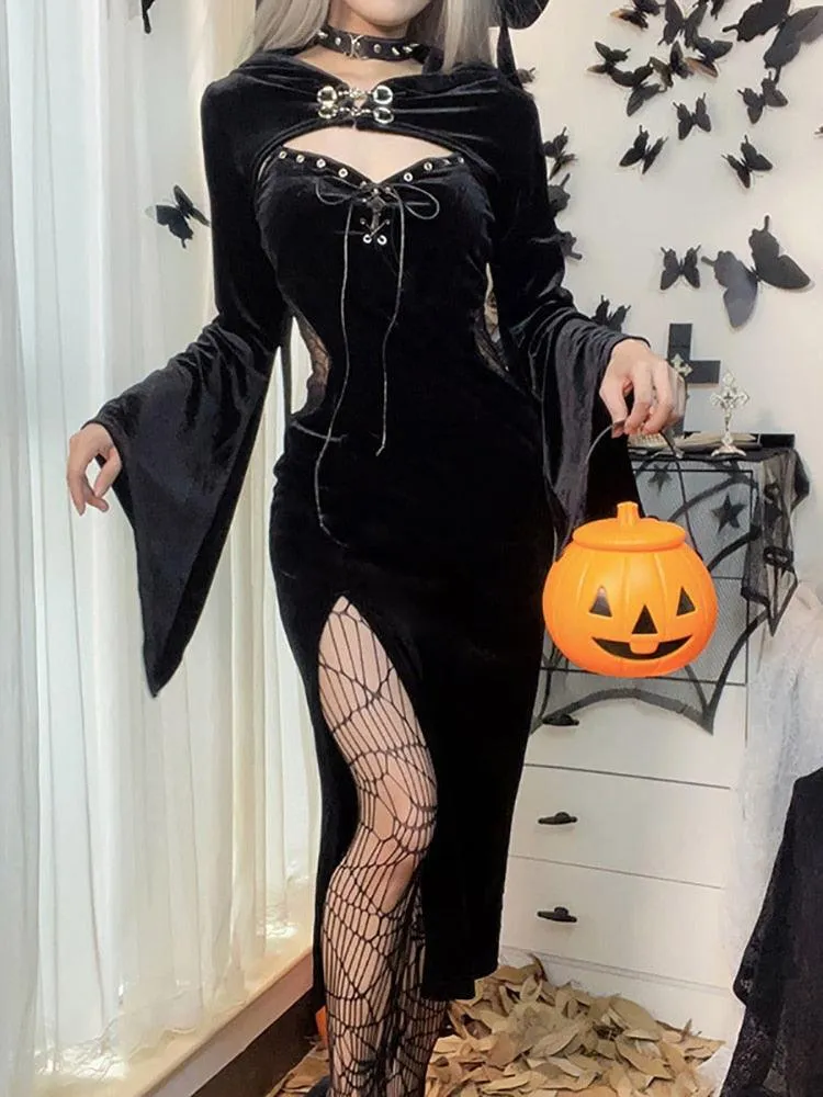 Gothic Bandage Dress with Lace Side and High Split