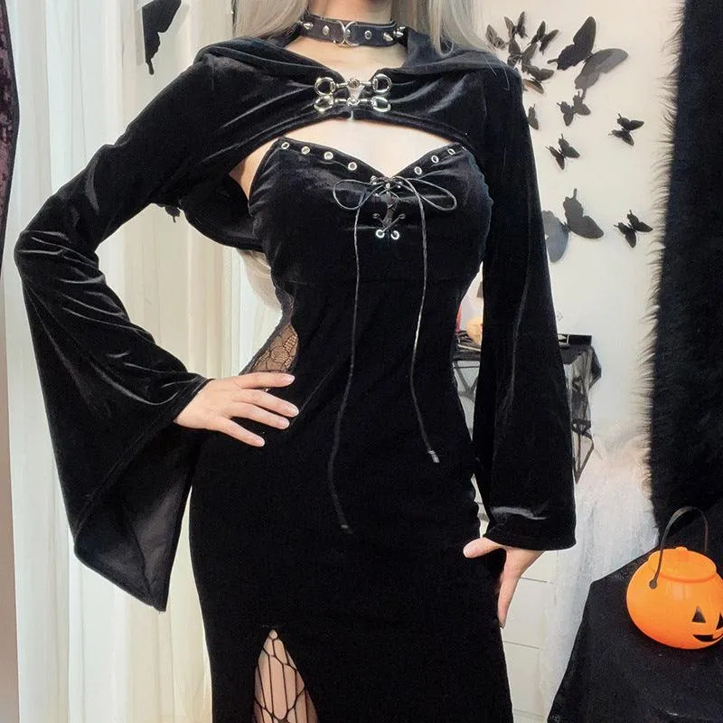 Gothic Bandage Dress with Lace Side and High Split