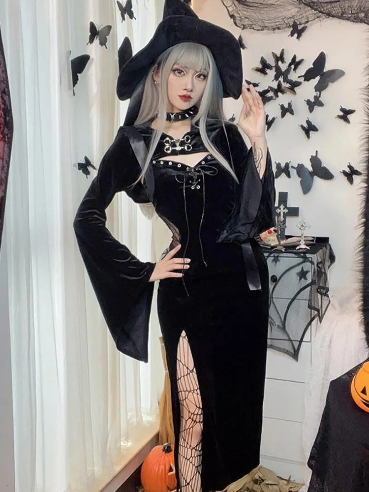 Gothic Bandage Dress with Lace Side and High Split