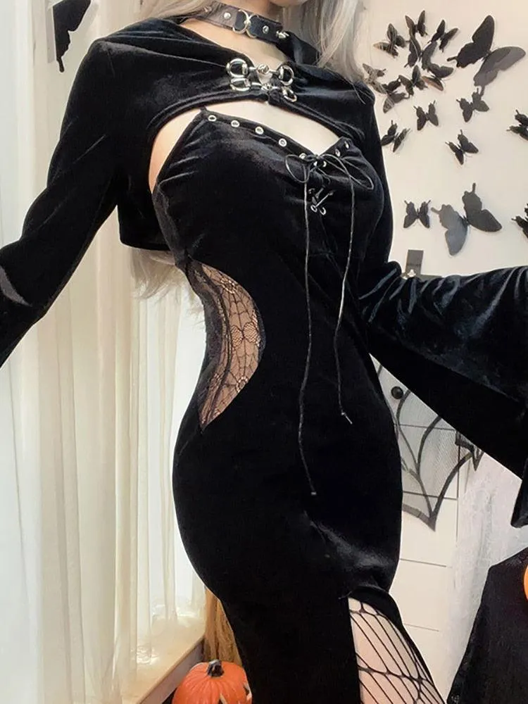 Gothic Bandage Dress with Lace Side and High Split