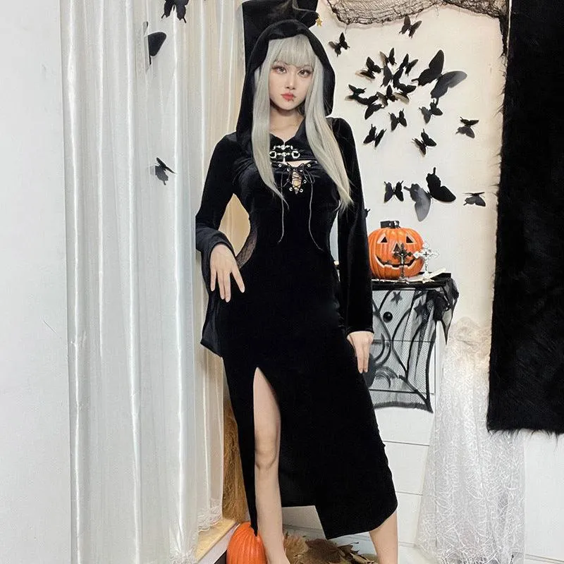 Gothic Bandage Dress with Lace Side and High Split