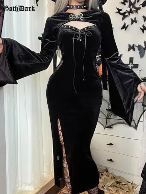 Gothic Bandage Dress with Lace Side and High Split