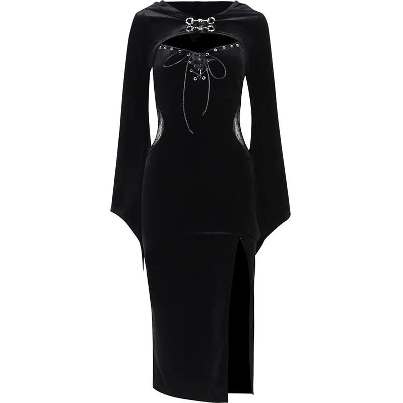 Gothic Bandage Dress with Lace Side and High Split