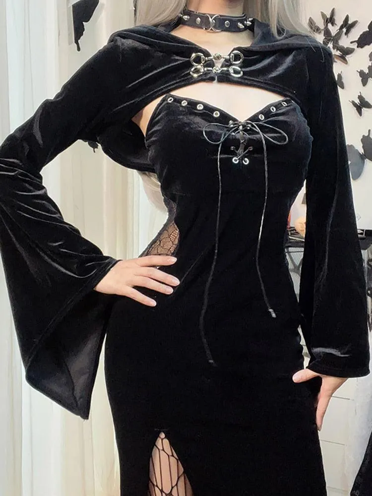 Gothic Bandage Dress with Lace Side and High Split