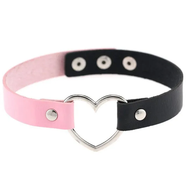 Gothic Punk Style Multi Color Alloy Heart Pendant PU Leather Choker Necklace Collar 90s Grunge Heart Choker