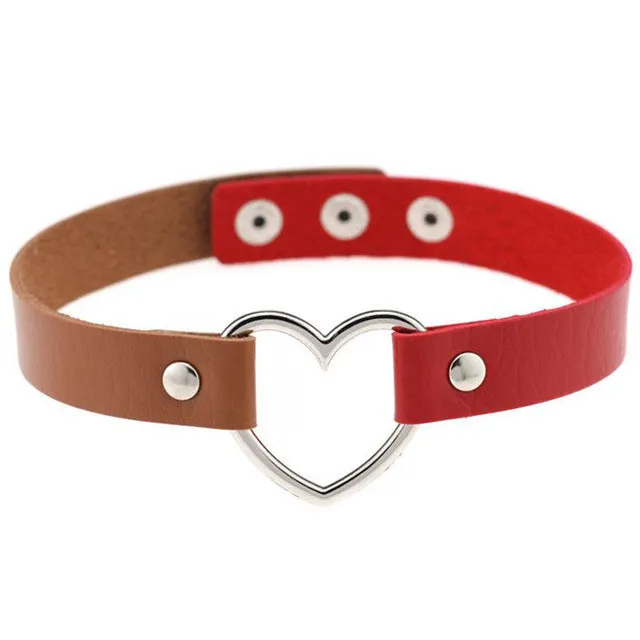 Gothic Punk Style Multi Color Alloy Heart Pendant PU Leather Choker Necklace Collar 90s Grunge Heart Choker
