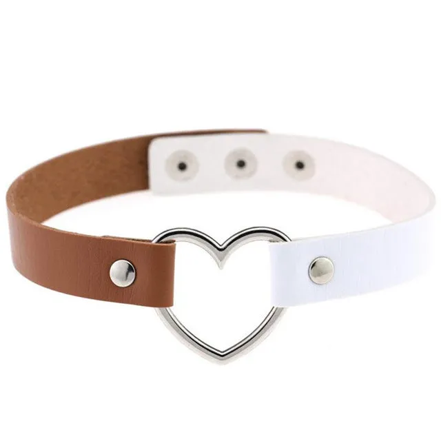 Gothic Punk Style Multi Color Alloy Heart Pendant PU Leather Choker Necklace Collar 90s Grunge Heart Choker