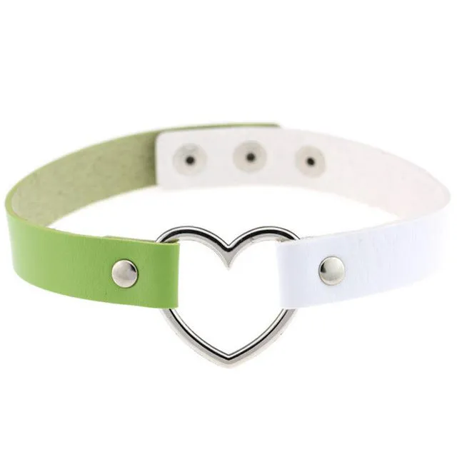 Gothic Punk Style Multi Color Alloy Heart Pendant PU Leather Choker Necklace Collar 90s Grunge Heart Choker